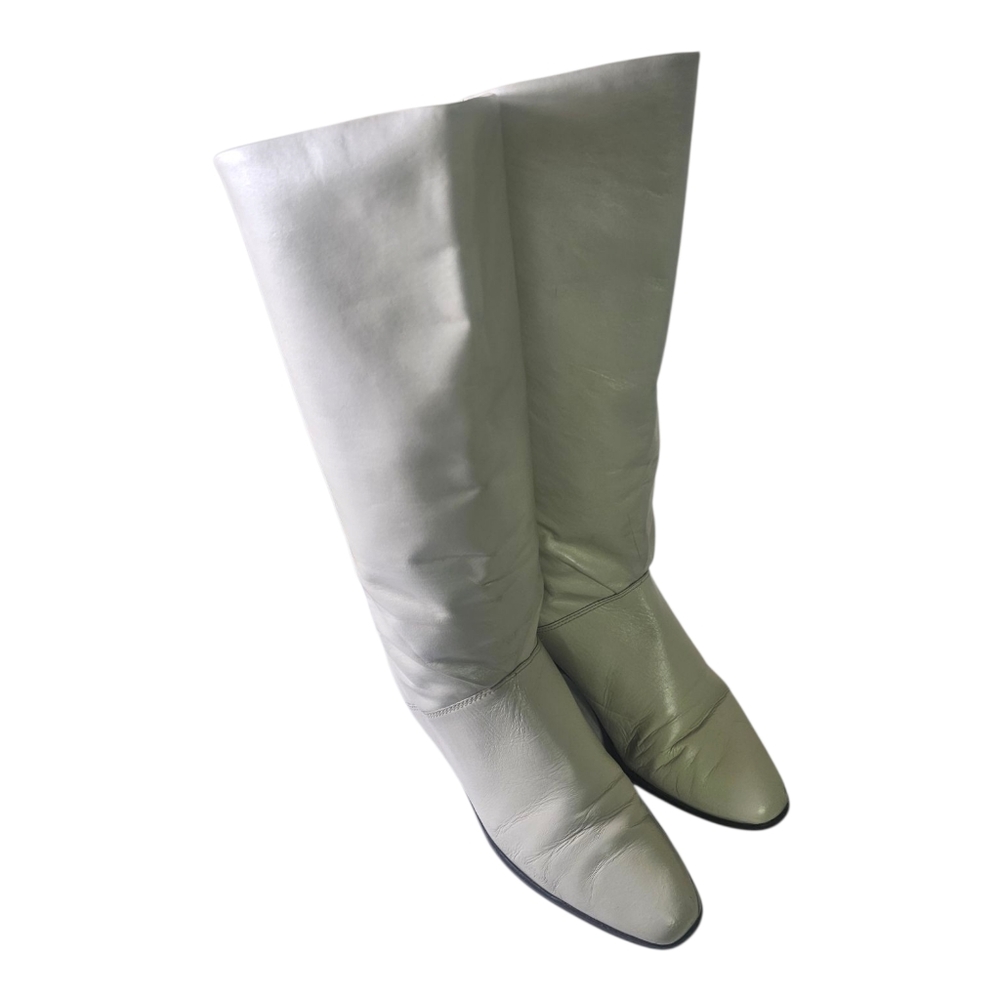 Vintage Made in Brazil Cream/Off White Leather Heeled Boots, Size: 7.5B
